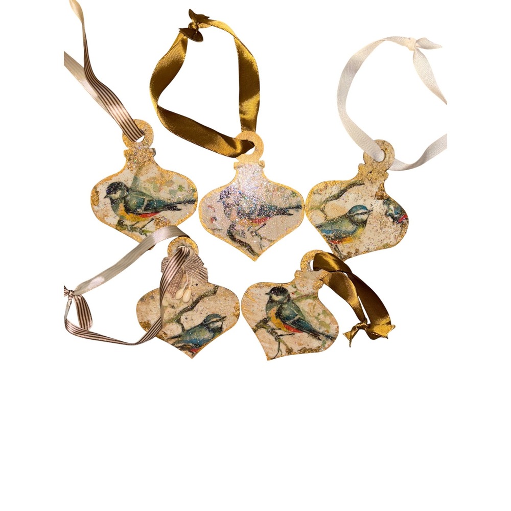 Set of 5 Vintage Style Bird Ornaments Glitter Gold Accent Hanging Decorations